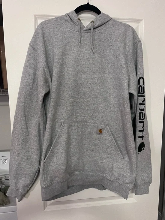 Carhartt Men's Heather Gray Pullover Hoodie with Black Sleeve Logo L Tall - Picture 2 of 4